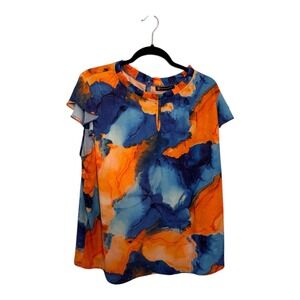New York & Company Watercolor Flutter Sleeve Blouse XXL Blue Orange Bright Bold